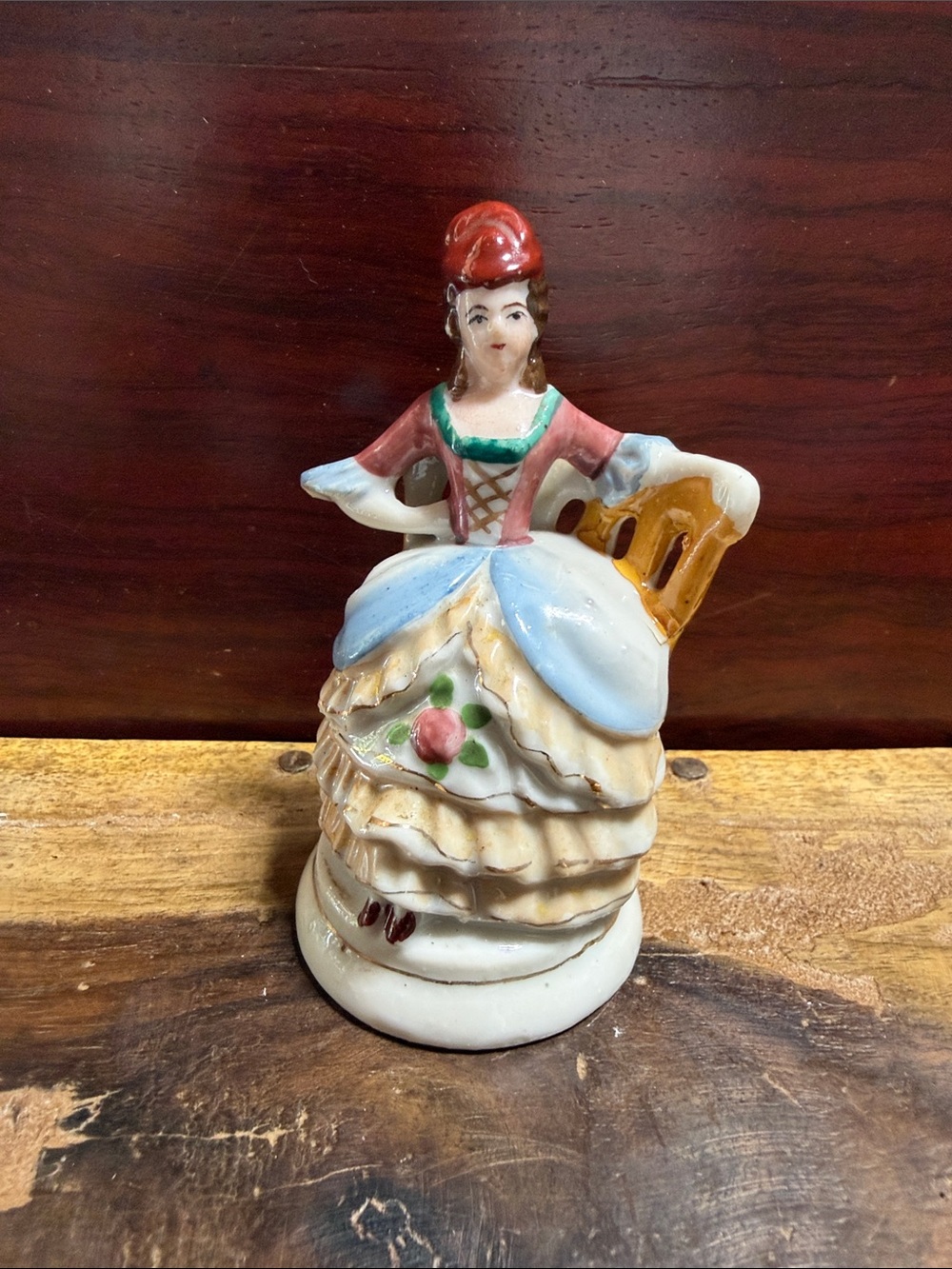 Occupied Japan Hand-Painted Porcelain Lady Figurine in Blue and Pink Dress